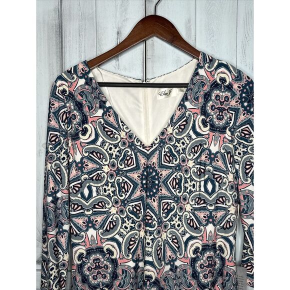 NWT ELIZA J BLUE PINK PAISLEY MOSAIC 3/4 SLEEVE STRETCH JERSEY SHIFT DRESS 14 - Picture 3 of 16